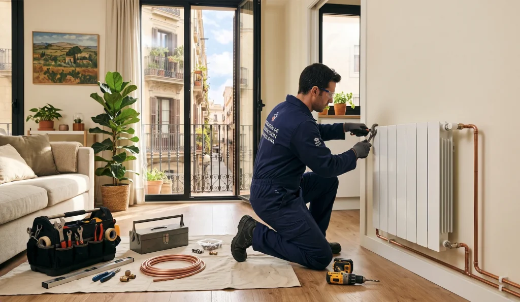 Técnico instalando radiador de aluminio con tuberías de cobre para calefacción de gas en una vivienda de Barcelona