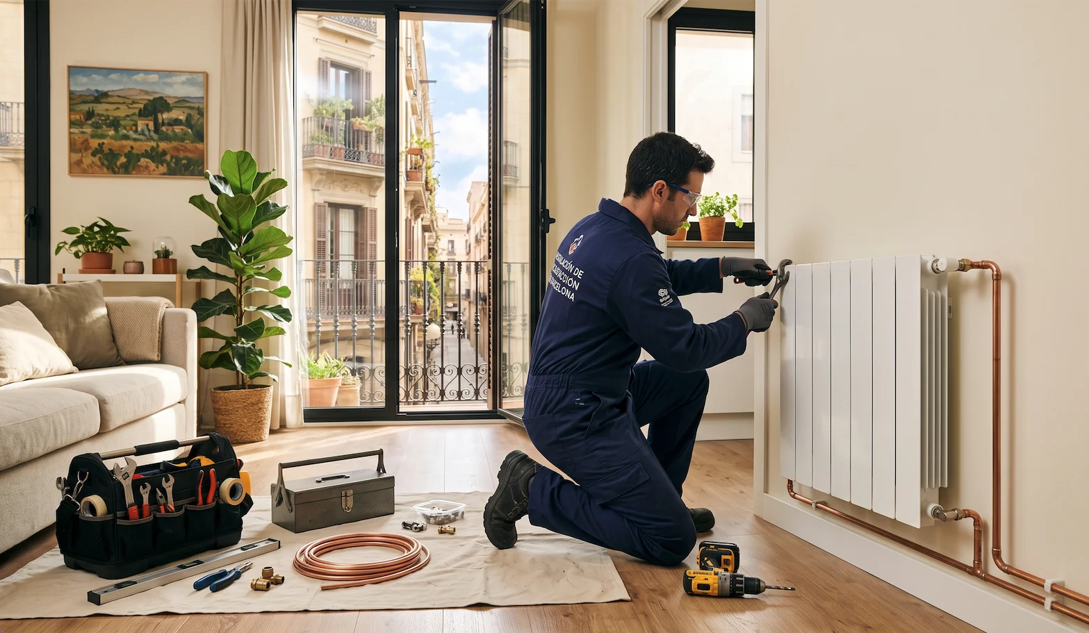 Técnico instalando radiador de aluminio con tuberías de cobre para calefacción de gas en una vivienda de Barcelona