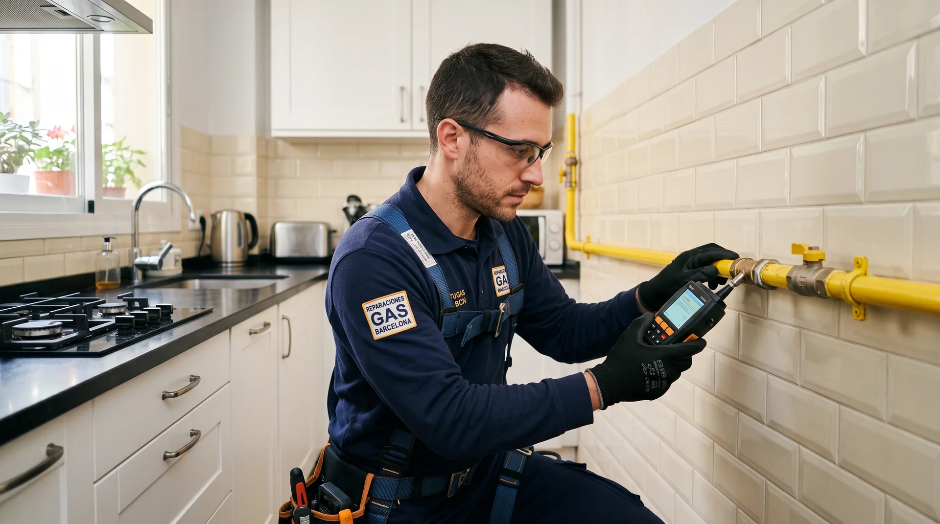 Tecnico con detector de fugas revisando la instalacion de gas en una cocina de Barcelona
