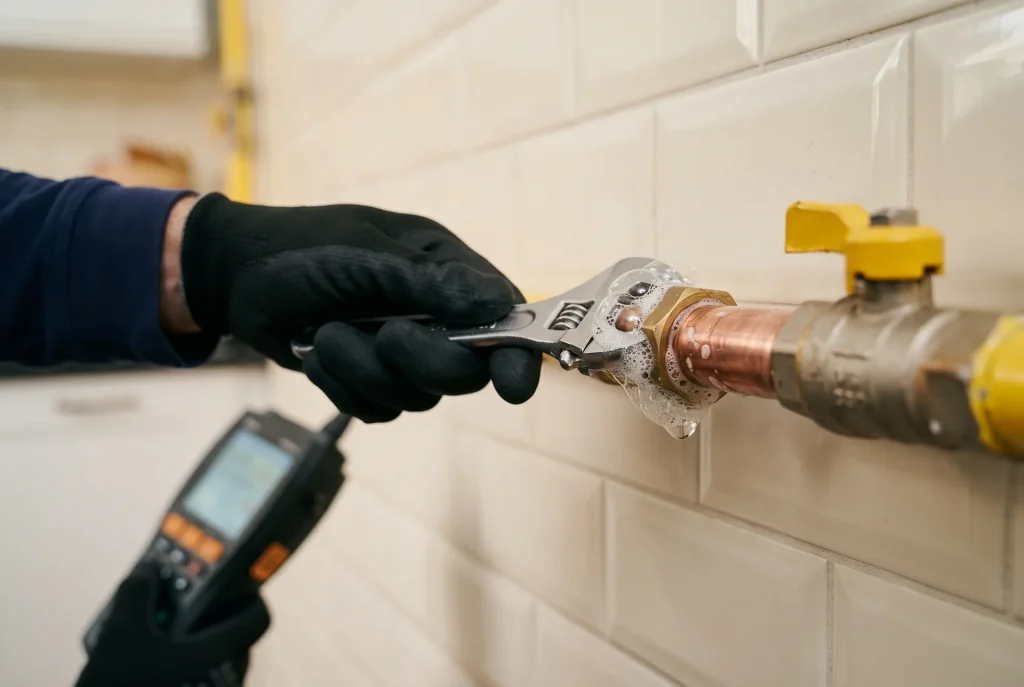 Tecnico ajustando conexion de tuberia de gas con llave inglesa y agua jabonosa para detectar fugas